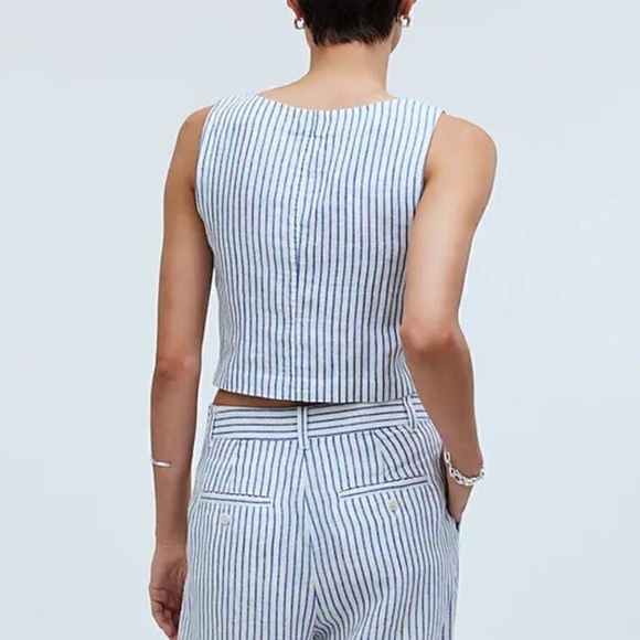 NWT MADEWELL Scoop Neck Crop Tank 100% Linen Sleeveless Blue White Size 6 - Picture 2 of 7